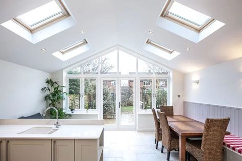 Pitched Roof Kitchen, Gable Roof Extension, Gable End Extension, Pitched Roof Extension, Vaulted Kitchen, Skylight Ideas, Extension Roof, Bungalow Extension, Vaulted Ceiling Kitchen