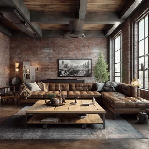 Exposed Brick Living Room, Loft Living Room Design, Vintage Modern Living Room, Industrial Living Room Design, Industrial Style Living Room, Brick Living Room, Masculine Living Rooms, Industrial Living Room, Cozy Nooks