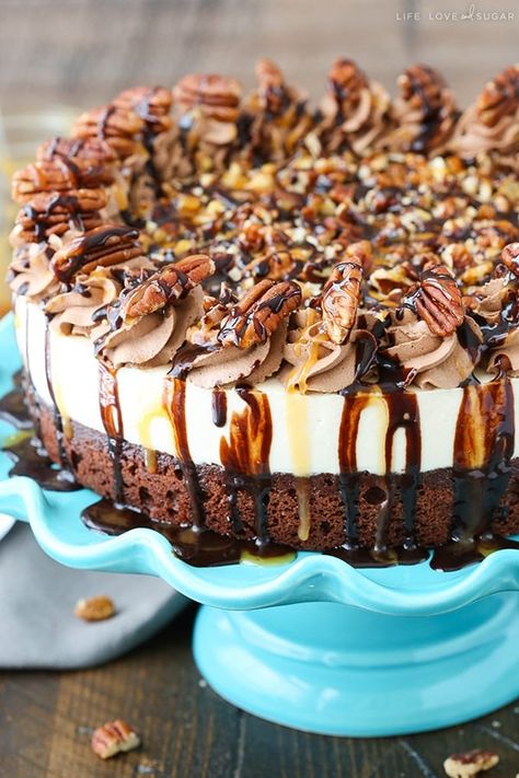 This Turtle Brownie Cheesecake has a brownie bottom, a caramel cheesecake middle and lots of pecans, caramel and chocolate sauce on top! It's a delicious combination of flavors and textures that's perfect for fall! #turtle #brownie #cheesecake #pecans #caramel #caramelcheesecake #browniecheesecake #chocolatecheesecake #pecancheesecake Turtle Brownie Cheesecake, Turtle Brownie, Dessert For Fall, Caramel Cheesecake Recipes, Turtle Cheesecake Recipes, Life Love And Sugar, Cheesecake Caramel, Caramel Pecan Cheesecake, Turtle Brownies