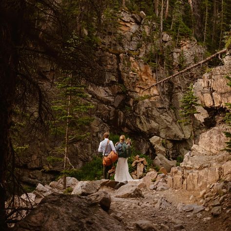 Couple hiking in wedding attire in Rocky Mountain National Park Estes Park Wedding Photos, Rocky Mountain National Park Wedding, Estes Park Wedding, National Park Wedding, Alpine Lake, Estes Park, Colorado Mountains, Real Couples, Rocky Mountain National Park