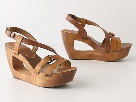 1. Look-Through Wedges    Price: $178.00 at anthropologie.com  pair these funky, chunky wood-soled shoes by Schuler & Sons with a pair of wide-leg high-waisted … Anthropologie Sandals, Wood Platform Heels, Strappy Wedge Sandals, Wooden Wedges, Wedges Shoes, Wedges Sandals, Wood Heel, Wooden Shoes, Shoe Fits