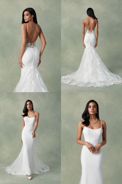 Fit And Flare Wedding Dress With Buttons, Fit And Flare Simple Wedding Dress, Slim Fit Wedding Dresses Open Backs, Sleek Low Back Wedding Dress, Low Scoop Back Wedding Dress, Wedding Dresses Scoop Neckline, Semi Fitted Wedding Dress, Lace And Crepe Wedding Dress, Modern Fit And Flare Wedding Dress