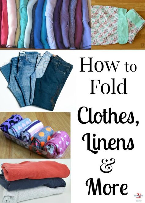 How to fold clothes, linens & more properly. Keep closets & drawers neat & as usable storage with folding tips & tricks I've used well before KonMari. #ClosetOrganizing #HowtoFold The Art Of Folding Clothes, How To Roll Clothes For Drawers, Japanese Folding Clothes, How To Properly Fold Clothes, How To Fold Cargo Pants, Organize Jeans, Apartment Homestead, Fold Sheets, Folding Tricks