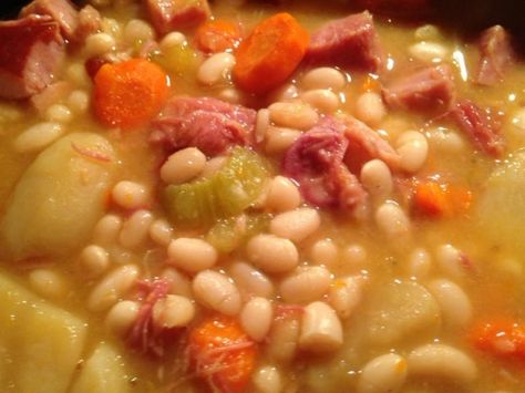 Old Fashioned Navy Bean with Ham soup. Very flavorful, great ham flavor! Bean With Ham Soup, Navy Beans And Ham, Navy Bean Recipes, Ham Shank, Ham Soup Recipes, Navy Bean Soup, Bean And Bacon Soup, How To Thicken Soup, Navy Beans