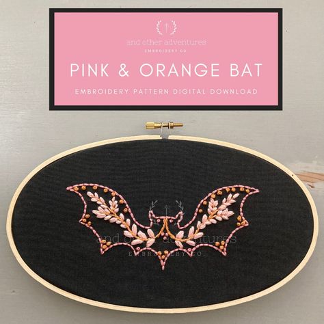 Spooky & Sweet Hand Embroidered Bat PDF Pattern | And Other Adventures Embroidery Co Witchy Embroidery Designs, Coffin Embroidery, Goth Embroidery Patterns, Spooky Embroidery Patterns, Witchy Embroidery Patterns, Embroidery Black Fabric, Halloween Embroidery Patterns, Embroidery Tips And Tricks, Witchy Embroidery