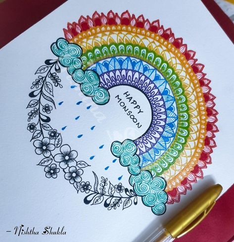 Rain is Poetry for the Soul🌧🌟 #mandala #artwork #mandala #sketches #colors #pinit #monsoon #rain Monsoon Related Drawing, Rain Mandala Art, Monsoon Doodle, Monsoon Drawings, Floral Lettering, Small Mandala, Doodle Mandala, Mandala Inspiration, Mandala Sketch