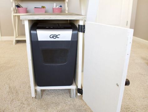 How To Hide Paper Shredder, Shredder Storage Home Office, Hide Paper Shredder, Shredder Cabinet, Printer Cover Diy, Paper Shredder Drawer, Diy Light Bulb, Diy Essential Oil Diffuser, Diy Curtain Rods