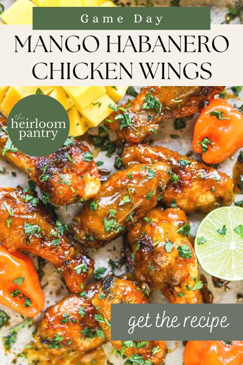 Mango Habanero Chicken Wings Mango Habanero Wings Recipe, Mango Habanero Chicken Wings, Habanero Jelly Recipe, Mango Habanero Chicken, Hot Wing Sauce Recipe, Mango Habanero Wings, Boneless Wing Recipes, Habanero Wings, Habanero Chicken