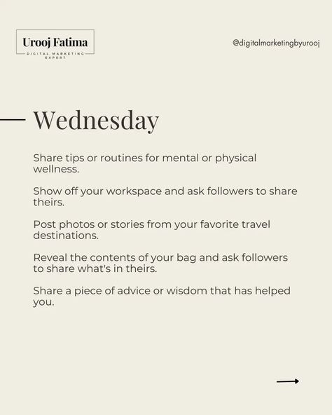 Check out these creative ideas for each day of the week to keep your content fresh and engaging. Monday: Start your week with motivation and behind-the-scenes glimpses. Tuesday: Share tips, transformations, and trivia. Wednesday: Focus on wellness, wisdom, and wanderlust. Thursday: Throwback memories, tutorials, and thankfulness. Friday: Fun facts, favorites, and feel-good moments. Saturday: Self-care, shoutouts, and skills. ✨ Your turn! ✨ Try these ideas and let me know how they work for ... Wednesday Photos, Friday Fun, Trivia, Creative Ideas, Self Care, Behind The Scenes, Fun Facts, Let Me, Social Media