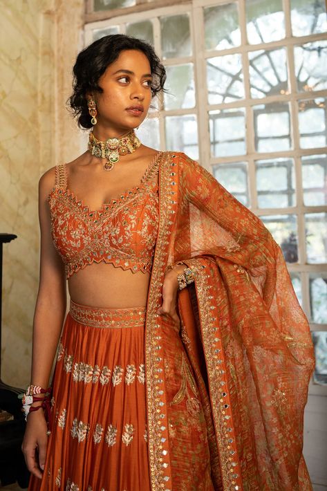 Luxury Orange Choli With Gota Work, Rust Color Lehenga, Rust Indian Outfit, Rust Orange Saree, Burnt Orange Saree, Rust Orange Lehenga, Rust Anarkali, Burnt Orange Lehenga, Orange Indian Outfit