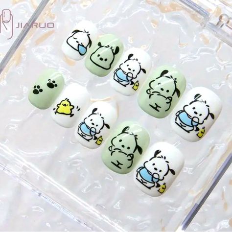 Nib Sanrio’s Pochacco Press On Nails Cute Easter Nails Easy, Sanrio Nail Art Pochacco, Pochacco Nail Art, Nail Pastel Colors, Promotion Nails, Pochacco Nails, Nails Color Green, Sanrio Nail Art, Sanrio Green