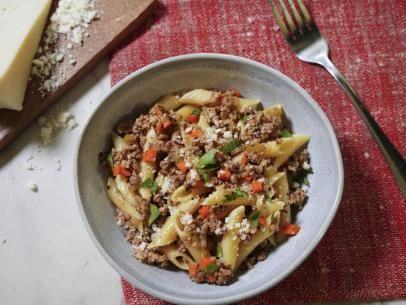 White Bolognese Recipe | Food Network Blue Cheese Stuffed Dates, White Bolognese, Cheese Stuffed Dates, Salad With Almonds, Katie Lee Biegel, The Kitchen Food Network, Crispy Quinoa, Date Night At Home, Pasta Bolognese