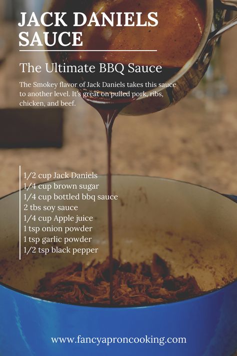 Jack Daniel's BBQ sauce has the flavor turned way up. It has the smokey flavor of JD whiskey, sweetness from brown sugar, and a salty finish from soy sauce. This sauce can't be beat. How To Can Bbq Sauce, Jack Daniels Bbq Sauce Recipe, Jack Daniel’s Tgif Sauce, Whiskey Bbq Sauce, Whiskey Marinade, Whiskey Bbq Sauce Recipes, Jack Daniels Bbq Sauce, Jack Daniels Sauce, Jack Daniels Recipes