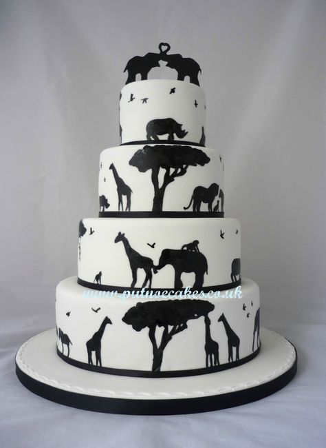 This is beautiful! definitely loving the animal silhouette theme. That cake topper is adorable! Tier Torte, Giraffe Wedding, Animal Wedding Cake, African Wedding Cakes, African Cake, Animal Wedding, Hand Painted Wedding Cake, How To Make Wedding Cake, Giraffe Cakes