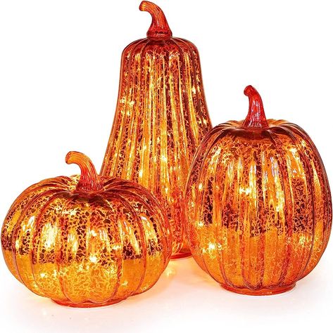 Art Beauty Lighted Glass Pumpkin with Timer Set of 3 LED Mercury Glass Pumpkins Autumn Halloween Decorations Battery Operated Centerpiece Party Mercury Glass Pumpkins, Fall Harvest Decorations, Thanksgiving Table Settings, Elegant Centerpieces, Pumpkin Lights, Harvest Decorations, Glass Pumpkins, Theme Halloween, Halloween Lights