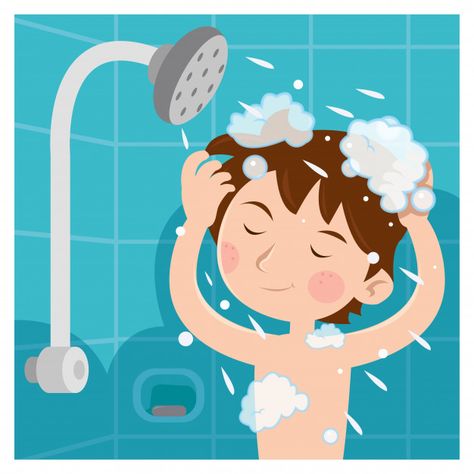 A child taking shower and he wash head with shampoo Premium Vector Baby Shower Kids Activities, طفلة حديثة الولادة, Sea Illustration, Kids Vector, Graphic Design Background Templates, Kids Frames, Kids Clipart, Different Games, Rainbow Kids