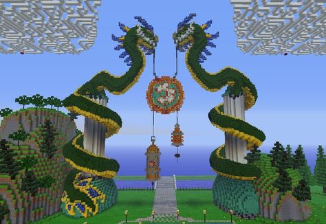 Dragon power!! Construction Minecraft, Minecraft Japanese, Minecraft Statues, Minecraft Decoration, Minecraft Structures, All Minecraft, Minecraft Castle, Minecraft Plans, 8bit Art