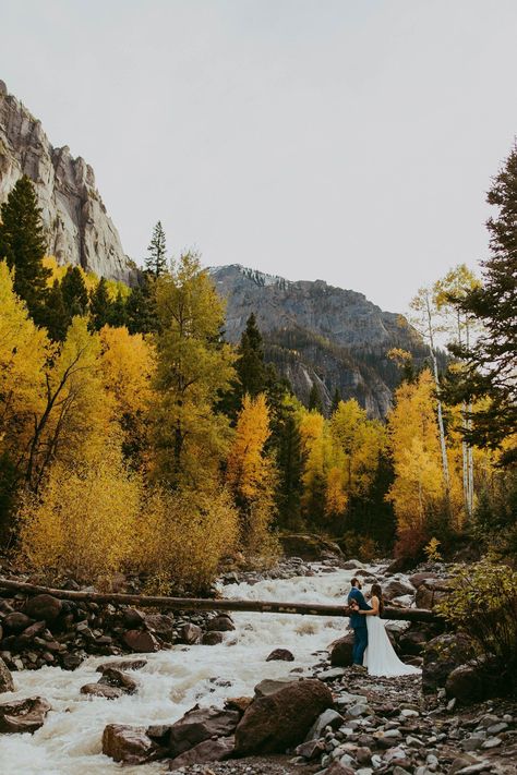 Ouray Colorado Elopement, Fall River Elopement, Adventure Wedding Ideas, Best Elopement Ideas, How to Elope in Colorado, Best Place to Elope, Fall Elopement, Moody Mountain Wedding Photos, Cozy Fall Elopement Inspiration, Elopement Day Activities, Wedding Dress with Train Autumn Mountain Wedding, Fall Wedding Colorado, Ouray Colorado Winter, Fall Elopement Ideas, Fall Mountain Elopement, River Elopement, Colorado Fall Wedding, Best Place To Elope, Mountain Portraits