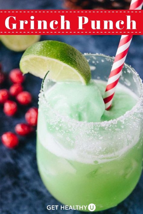 This fizzy Grinch Punch cocktail is a holiday favorite every year! We love this simple holiday cocktail recipe because it tastes like a creamy citrus dessert drink, but is much lower in calorie than most holiday drinks. #cocktail #christmasrecipe #grinchpunch #punch #partyrecipe #gethealthyu Low Calorie Holiday Drinks, Christmas Vodka Cocktails, Christmas Cocktails Vodka, Christmas Vodka, Sherbet Punch Recipes, Holiday Cocktails Christmas, Easy Holiday Cocktails, Grinch Punch, Citrus Desserts