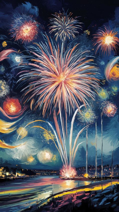 Experience the magic of a vibrant night sky illuminated by stunning fireworks in this Impressionist-inspired wallpaper. Featuring soft brush strokes and abstract swirling shapes, this captivating scene combines elements of a starry night and a Fauvist color palette. Perfect for celebrating joy and wonder, this artwork evokes feelings of awe. Ideal for festive occasions and home decor. Keywords: fireworks wallpaper, vibrant art, night sky, abstract design, celebration. Firework Wallpaper, Malaysia Poster, Watercolor Fireworks, Wallpaper Vibrant, Fireworks Aesthetic, Fireworks Night, Firework Painting, Fireworks Wallpaper, Diwali Greeting