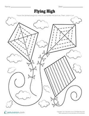 Catch some air! This worksheet has preschoolers learning to write diagonal lines and diamonds by having them trace diamond-shaped kites. #educationdotcom Kites Preschool, Elements Of Art Line, Shape Worksheets For Preschool, Shapes Preschool, Lines And Shapes, Shapes Worksheets, Spring Preschool, Diagonal Lines, Autumn Activities For Kids