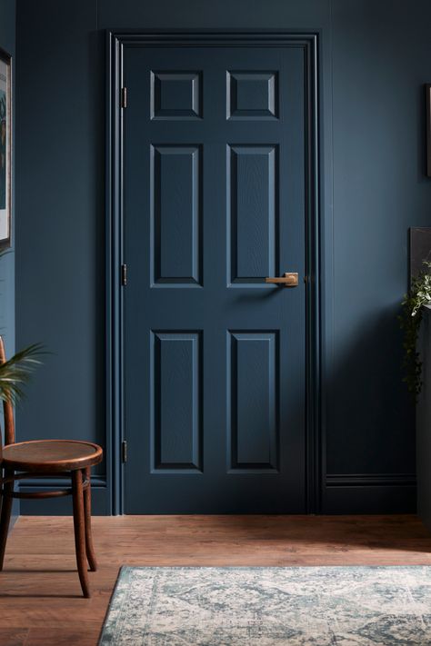 Enamel Matt Finish Door, Blue Door Bedroom, Blue Internal Doors, Wall And Door Same Color, Dark Blue Trim Interior, Dark Blue Interior Doors, Navy Blue Doors Interior, Wall And Door Color Combination, Navy Blue Interior Doors