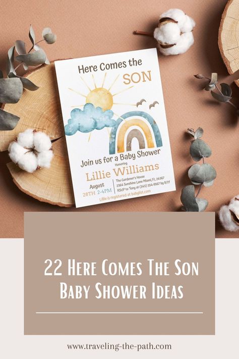 Here Comes The Son themed baby shower ideas for the new baby boy coming into your life. Celebrate the mom to be with not only and invitation but also diapers, books, interactive games, and fun favors. A well thought out themed will make you the host of the year! Themed Baby Shower Ideas, Sunshine First Birthday, Here Comes The Son, Baby Shower Souvenirs, Baby Shower Theme Decorations, Baby Shower Brunch, Interactive Games, Virtual Baby Shower, Boy Baby Shower Themes