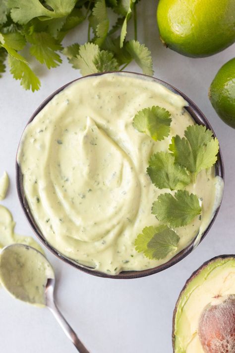 This creamy avocado cilantro lime sauce is easy to make, taking just 5 minutes from start to finish. With only 6 ingredients, it's simple to prepare in a blender or food processor. This versatile sauce doubles as a dipping sauce for chips and veggies or as a topping for fish tacos. Featuring a tangy lime flavor and a hint of cilantro, it adds freshness to any dish. Avocado Lime Ranch, Creamy Avocado Ranch Dressing, Avocado Lime Ranch Dressing, Avocado Ranch Dressing, Healthy Avocado, Cilantro Lime Sauce, Avocado Ranch, Cream Sauce Recipes, Cilantro Sauce