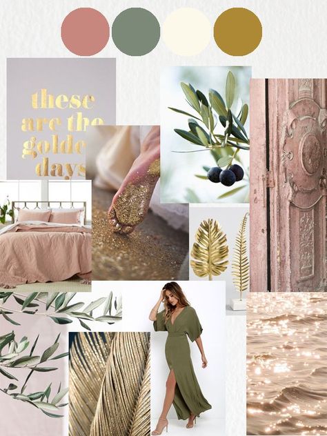 Mood board oliverosegold Rose Gold And Green Office, Rose Gold And Green Bedroom, Pink Green And Gold Office, Mood Board Olive Green, Olive Green And Rose Gold Wedding, Pink Green Gold Color Scheme, House Mood Board Colour Palettes, Rose Gold Mood Board, Olive Green And Pink Bedroom