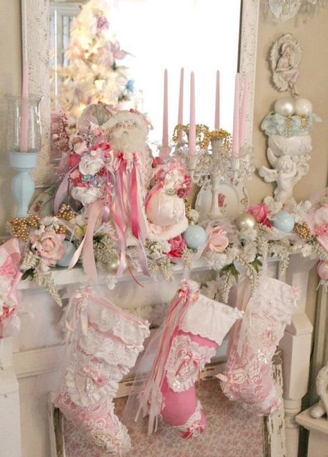 Pink Shabby Chic Christmas, Chic Christmas Decor, Shabby Christmas, Pink Xmas, Romantic Christmas, Pink Christmas Decorations, Cottage Christmas, Shabby Chic Christmas, Shabby Chic Pink