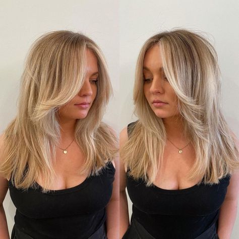 Mid-Shaft Feathered Facial Framing for Blunt Cut Half Long Hair, Mid Length Blonde Hair, One Length Hair, Long Fine Hair, Face Framing Hair, Medium Blonde Hair, Textured Haircut, Layered Cut, Modern Haircuts