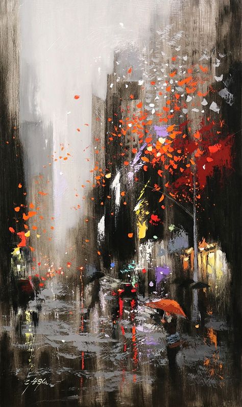 Chin H Shin - Work Zoom: ENTERING BROADWAY IN THIS RAINY DAY Autumnal Art, Rainy Cityscape, Modern Expressionism, New York Cityscape, Rainy City, Rain Painting, Meaningful Pictures, Nyc Art, City Painting