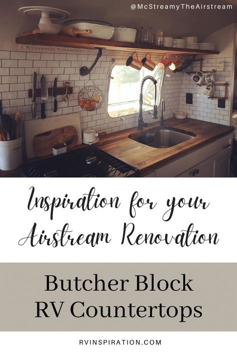 DIY countertop ideas for your RV renovation, including butcher block, plywood, and live edge counters | rvinspiration.com #RVrenovation #RVkitchen #RVmakeover #RVcountertop Camper Countertop Ideas, Diy Countertop Ideas, Diy Butcher Block Countertops, Plywood Countertop, Diy Countertop, Diy Wood Countertops, Diy Butcher Block, Rv Inspiration, Rv Redo