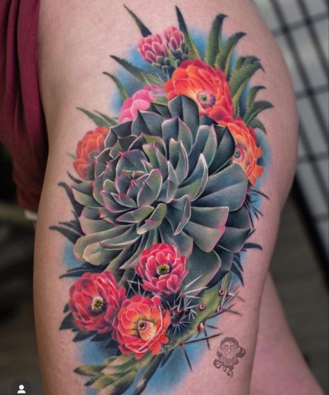 Succulent Mandala Tattoo, Cactus Tattoo Sleeve, Succulent Mandala, Tattoo Therapy, Western Tattoo, Succulent Tattoo, Tropical Tattoo, Thigh Tat, Office Closet