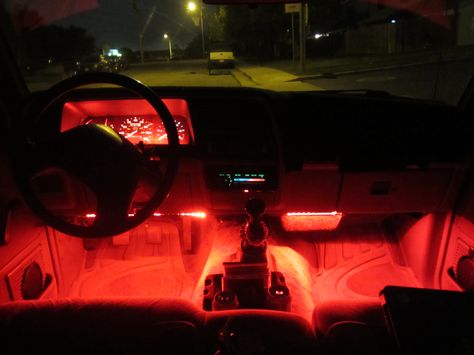 Greg installed red LED strips in his car!  Be safe with this installation! Car With Led Lights Inside, Inside Car Led Lights, Car Ambient Lighting, Girl Truck, Led Light Car, Car Interior Diy, Led Lighting Diy, Led Car Lights Interior Red, Red Led Lights