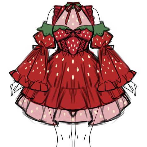 Mushroom Outfit Drawing, Cute Outfit Ideas Drawing, Strawberry Outfit, Art Outfits, Strawberry Dress, Dress Design Drawing, Clothing Design Sketches, Drawing Anime Clothes, Dress Design Sketches