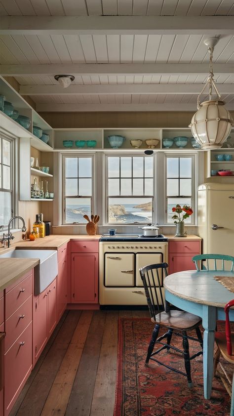 Cottage Vintage Kitchen, 1950s Inspired Kitchen, Coastal Kitchen Ideas Seaside, Vintage Pastel Kitchen, Coastal Cottage Interior, Retro Kitchen Ideas Vintage, Pink And Blue Kitchen, 1940 Kitchen, Coral Cottage