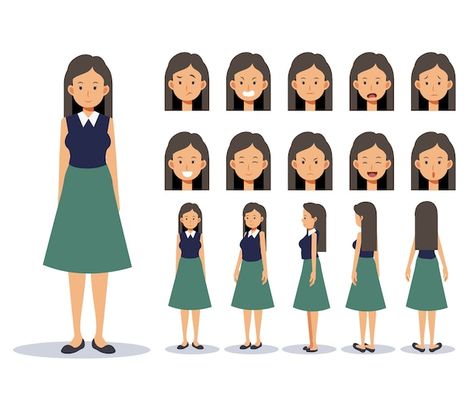 Set of flat character woman wear casual ... | Premium Vector #Freepik #vector #cartoon-head #character-face #face-illustration #facial-expressions 2d Cartoon Character Design, Panjabi Painting, Woman Character Design, Character Turnarounds, Character Flat Design, Character Expressions, Cartoon Faces Expressions, Flat Character, Vector Characters