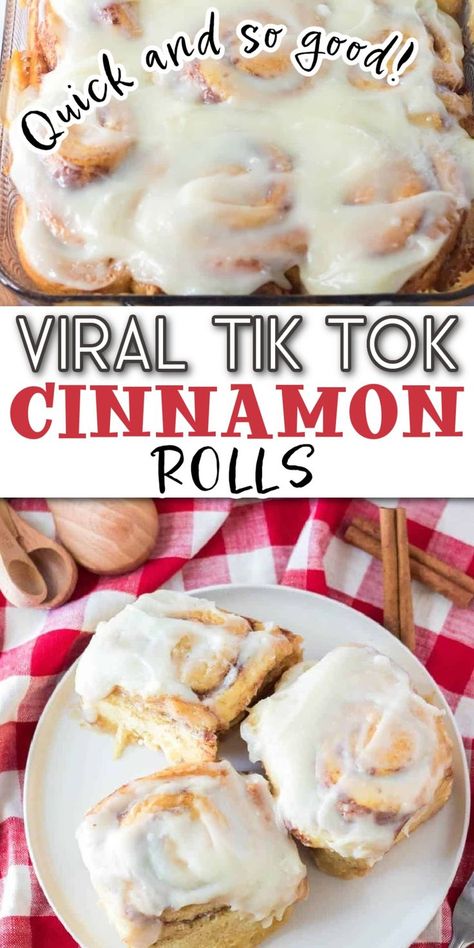 Soft cinnamon rolls with frosting with Pinterest overlay. Tik Tok Cinnamon Rolls, Tiktok Cinnamon Rolls, Homemade Cinnamon Rolls Easy, Quick Cinnamon Rolls, Easy Cinnamon Rolls, Cinnamon Bun Recipe, Cinnabon Cinnamon Rolls, Cinnamon Roll Recipe Homemade, Cinnamon Roll Casserole