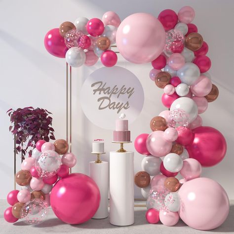 PRICES MAY VARY. Great Value Set - This rose pink balloon arch kit comprises: 150 colorful balloons (18 inch, 12 inch, 10 inch, 5 inch), 2 rolls of ribbons, and 160 glue dots. Top-Quality - All of our balloons are crafted from natural, high-quality latex, ensuring durability and safety. The latex balloons are resistant to easy bursting, suitable for both helium and air filling. Simple DIY & Assembly - Our balloon arch kit comes with everything required to create a stunning balloon arch for your Hot Pink Birthday Party, Pink Balloon Arch, Pink Balloon Garland, Balloons For Wedding, Hot Pink Birthday, Pink And Gold Birthday Party, Colorful Balloons, Pink Birthday Party, Pink Confetti