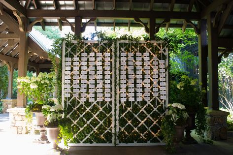 boxwood trellis seating chart at Old Edwards Inn by TOAST events , Jackson Durham - photo 6 of 4 Trellis Wedding, Wedding Trellis, Old Edwards Inn, Seating Chart Wedding, Garden Trellis, Display Design, Wedding Seating, Seating Chart, Seating Charts