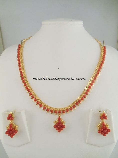 One gram gold jewellery necklace ~ South India Jewels Gold Jewellery Necklace, One Gram Gold Jewellery, Ruby Necklace Designs, Latest Indian Jewellery, Coral Jewelry Set, Gold Temple Jewellery, Pearl Necklace Designs, Gold Necklace Indian Bridal Jewelry, Gold Necklace Simple