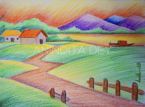 Colour pencil Scenery Drawing Pencil, Oil Pastels Painting, Colour Pencil, Colored Pencil Techniques, Natural Scenery, Art Styles, Landscape Painting, Artist Art, Painting Techniques