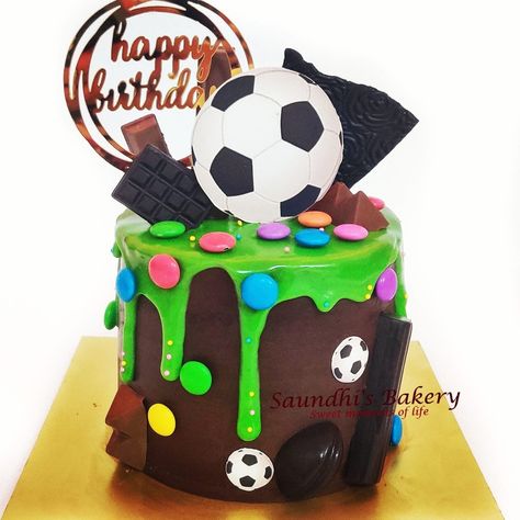 Eggless chocolate truffle cake with football theme cake Chocolate Soccer Cake, Football Theme Cake, Football Cake Decorations, Cake Football, Football Themed Cakes, Football Birthday Cake, 9th Birthday Cake, Truffle Cake, Soccer Cake