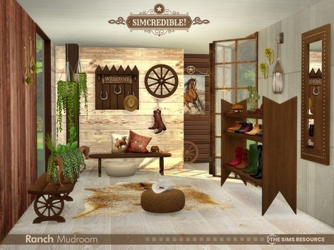 The Sims Resource - Mudroom Part2 (Patreon) Sims 4 Cc Western Furniture, Sims 4 Farmhouse, Ranch Boots, Ranch Decor, Western Furniture, Farmhouse Interior, Cowgirl Hats, The Sims Resource, Sims Resource