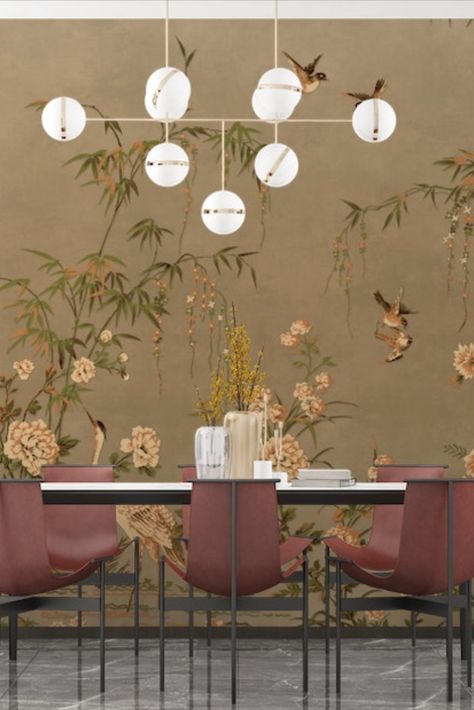 Japanese Birds & Trees Chinoiserie Wallpaper Japanese Bird, Dining Room Wallpaper, Chinoiserie Wallpaper, Bird Tree, Bird Wallpaper, Tree Wallpaper, Soothing Colors, Wallpaper Online, Elegant Decor