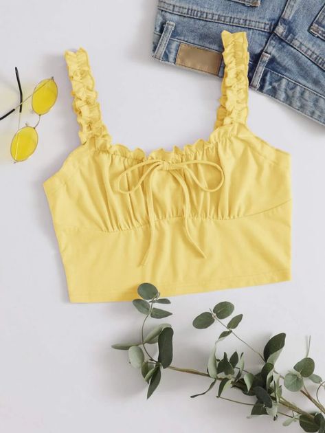 Ruched Bust Top, Magic Fashion, Satin Bodycon Dress, Yellow Crop Top, Ruffle Crop Top, Summer Crop Tops, Yellow Top, Knit Crop Top, Bohemian Clothes