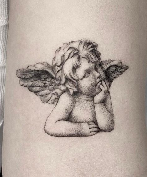 Vintage Angel Tattoo, Baby Angel Tattoo For Men, Angel Cherub Tattoo, Realistic Angel Tattoo, Little Angel Tattoo, Baby Angel Tattoo, Hyper Realistic Tattoo, Cherub Tattoo, Framed Tattoo