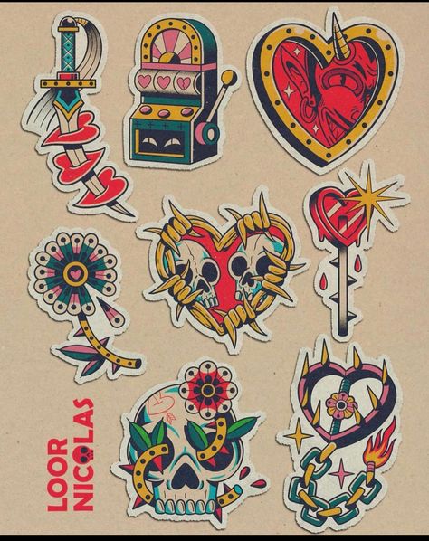 Unique Old School Tattoo, Funky American Traditional Tattoo, Classic American Traditional Tattoo, Traditional Tattoo Family, Trippy Flash Tattoo, Colorful Traditional Tattoo, Old School Color Tattoo, Love Traditional Tattoo, Traditional Tattoo Love