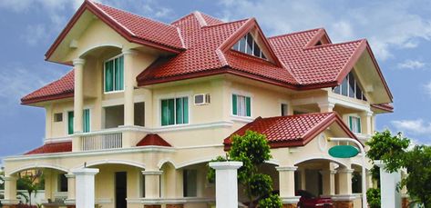 Red Tile Roof House Exterior Colors, Maroon Roof House Colors, Color Roof Design Philippines, House With Red Brown Roof, Homes With Red Tile Roofs, Houses With Red Roof Tiles, Red Roof House Colors, Outdoor House Paint, Red Roof House